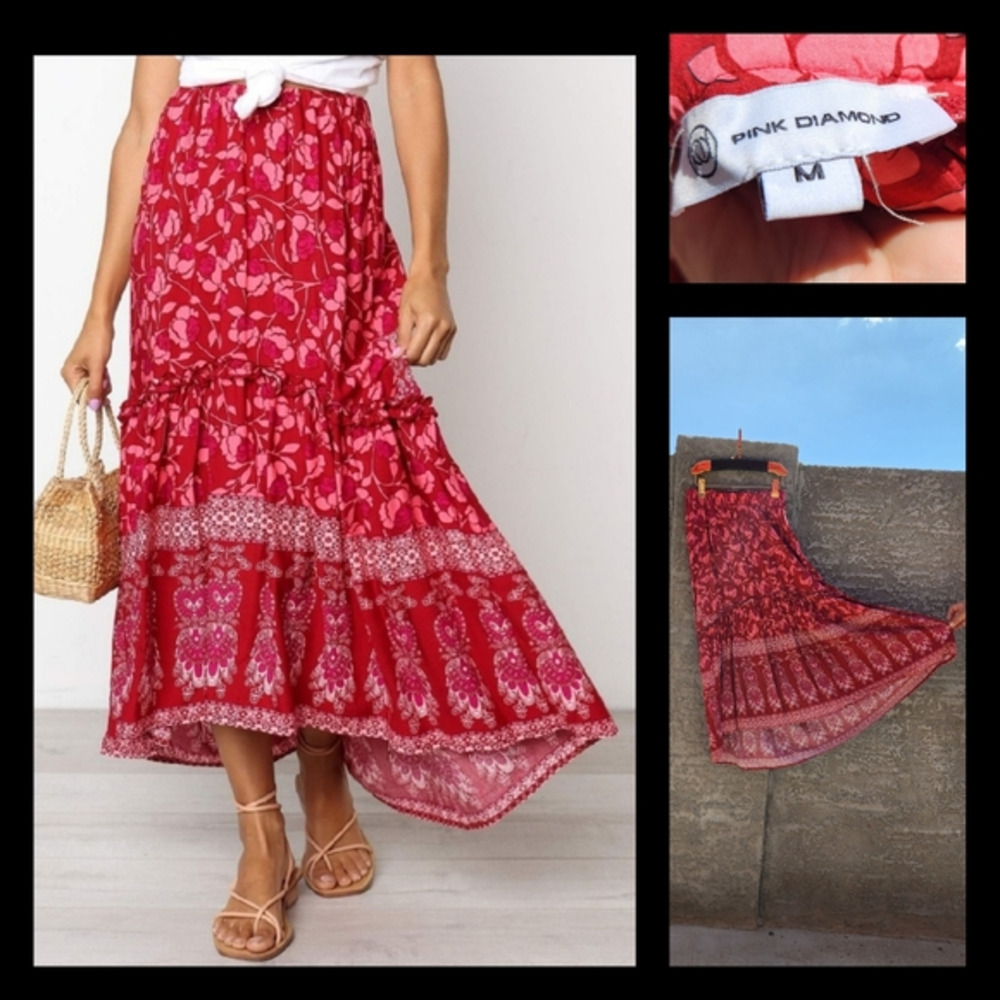Bohemian Red Floral Print Skirt Floral‎